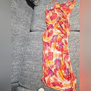 M  orange red tropical swim top